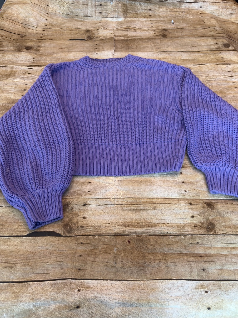 Bardot Lilac Cropped Knit Sweater with Balloon Sleeves